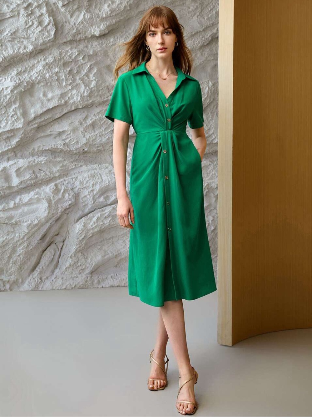 MOTF Twist Front Midi Shirt Dress Lyocell Linen Blend Green Size Large